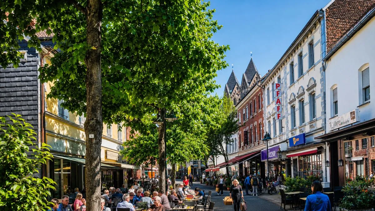 Schlebuscher Hauptstraße heute – Cafés, Bäume und Geschäfte in Leverkusen